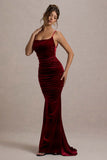 Adele Berry Velvet Ruched Strappy Fishtail Maxi Dress