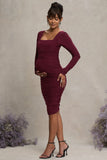 New Life Burgundy Maternity Square Neck Ruched Midi Dress