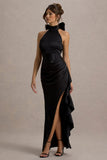 Maureen Black Satin High-Neck Draped Maxi Dress