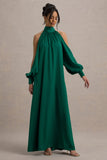 Baila Bottle Green Satin High-Neck Cape-Sleeve Maxi Dress
