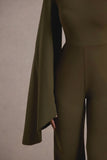 Fenix Khaki Asymmetric Cape-Sleeve Straight-Leg Jumpsuit
