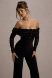 Celebrate Black Bardot Long-Sleeved Flared-Leg Jumpsuit With Flowers