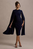 Marysol Navy Asymmetric Cape Midi Dress