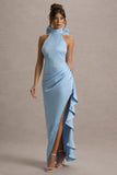 Maureen Powder Blue Satin High-Neck Draped Maxi Dress